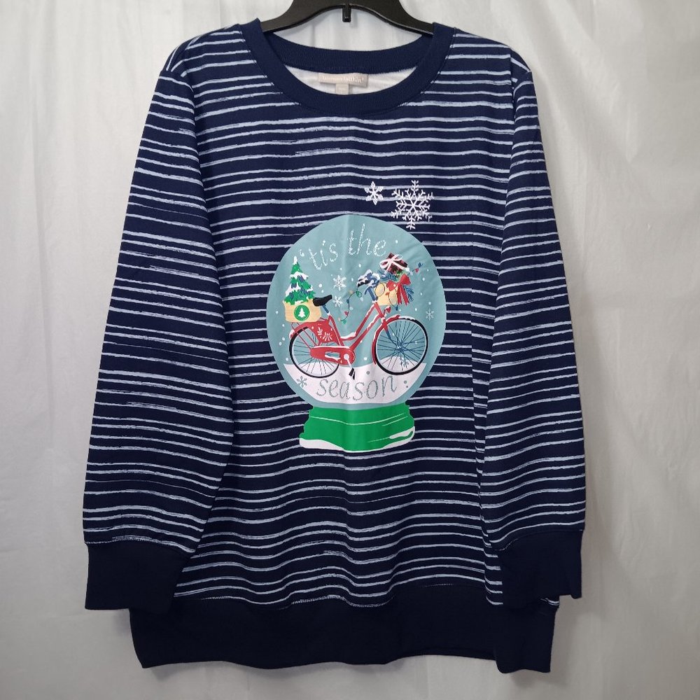 WOMAN WITHIN STRIPED 'TIS THE SEASON SNOW GLOBE CHRISTMAS THEME SWEATSHIRT
